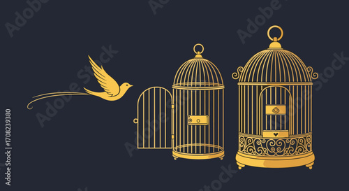 A golden bird flies away from an open cage into freedom.