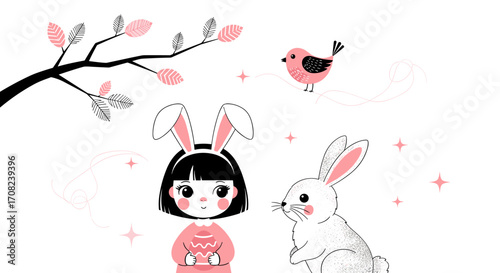 A cute cartoon girl wearing bunny ears holding an easter egg with a bunny and a bird.