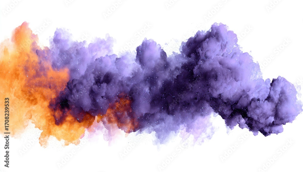Naklejka premium Abstract cloud of vibrant orange and purple smoke against a white background. A dynamic, flowing blend of colors creates a textured effect