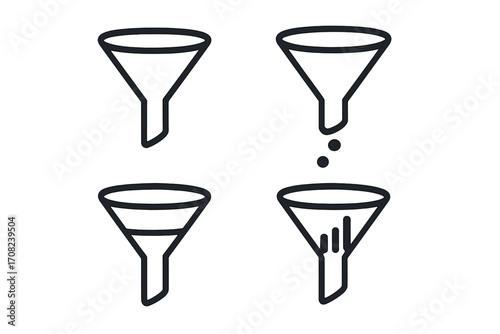 Sales funnel vector icon set for marketing and lead generation. Linear icons for conversion pipeline, data filtering, and business process. Data sorting and analysis concept.