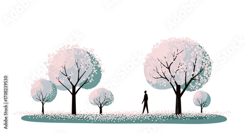 A solitary figure walks through a serene park landscape with blooming trees.