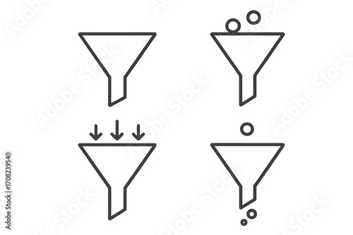 Sales funnel icon set for marketing and business. Vector line art pictogram collection. Data filtering, conversion process, and lead generation concept for web design.