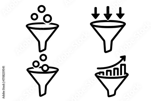 Sales funnel icon set for marketing and business. Vector icons illustrate lead generation, data filtering, conversion rate optimization, and business growth analysis process.