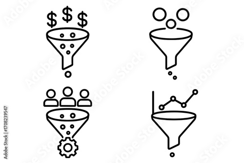 Marketing funnel outline icons. Concepts for lead generation, sales conversion, customer journey, and data analytics. Business process optimization vector illustration collection.