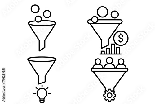 Business funnel outline icon collection. Sales process, lead generation, data filtering, marketing conversion, and idea innovation. Editable stroke vector illustration set.