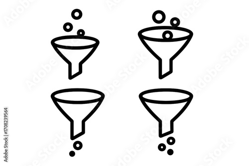 Funnel icon set for sales and marketing. Vector graphic. Lead generation, data filtering, and conversion rate optimization concept. Business process pipeline illustration.