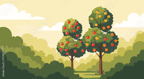 A beautiful rural landscape with blooming trees and lush green foliage under a cloudy sky.