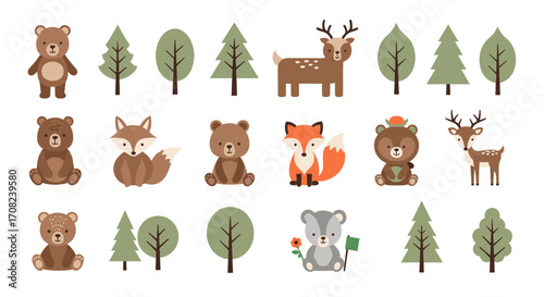 A charming collection of forest animals and trees with a playful pixel art style.