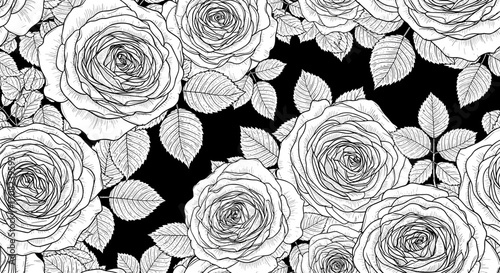 Seamless pattern of delicate white roses and leaves on a black background.
