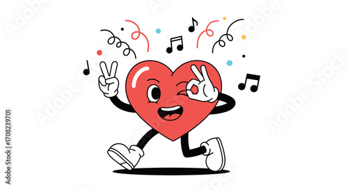 Happy cartoon heart dancing with confetti and music notes in a joyful celebration.