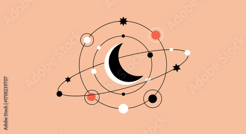 A celestial representation of the cosmos featuring a crescent moon surrounded by orbiting planets stars and geometric lines.