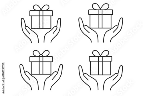 Hands holding gift box icon set. Line art of giving a present for a birthday or christmas. Charity, donation, and support concept. Simple vector outline illustration collection.