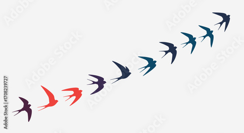 A flock of colorful birds soaring across a bright sky in a dynamic formation.