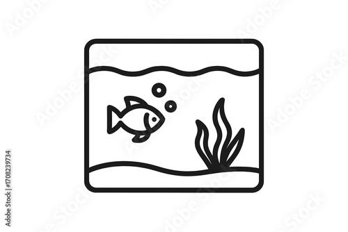 Aquarium line icon. Fish in fishbowl with water plant and bubbles. Pet fish concept for pet shop logo or sign. Simple black and white vector animal illustration graphic.