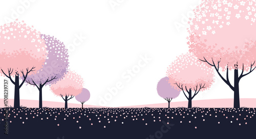 Beautiful cherry blossom trees line a path in this serene landscape.