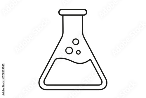 Laboratory flask outline icon with bubbling liquid, science chemistry equipment, scientific experiment glassware illustration, lab container vector design for graphic apps and ads