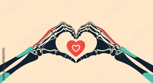 Skeleton hands forming a heart shape with a stylized heart in the center symbolizing love and connection.