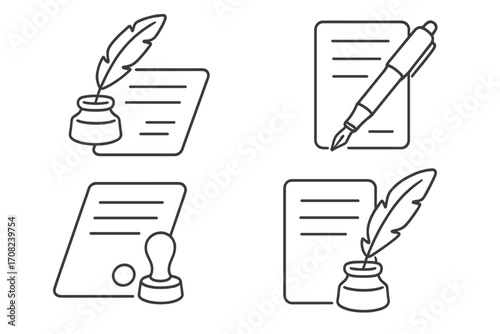 Signing contract icon set. Quill pen in inkwell, notary stamp, and fountain pen. Concepts of legal document, signature, and agreement. Editable stroke line art for law and business.