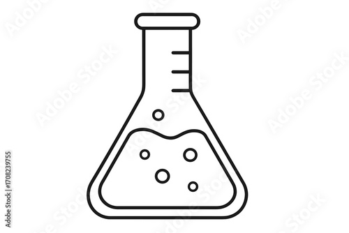 Laboratory flask outline vector, science chemical experiment icon, transparent background, lab equipment illustration, liquid with bubbles, graphic design element, scientific research symbol
