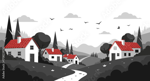 A picturesque countryside scene featuring charming houses with red roofs and rolling hills.