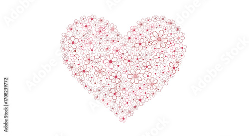 A beautiful heart shape created from delicate small pink flowers on a white background.