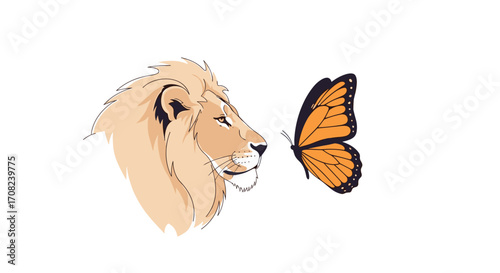 A majestic lion contemplates a delicate butterfly's serene flight during daytime.