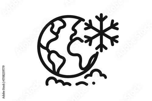 Ice age concept. Global cooling metaphor with planet earth and snowflake. Climate change, world freeze, cold weather icon. Winter season. Environmental, ecological vector symbol.