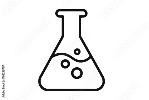 Laboratory flask outline icon with liquid and bubbles, science and chemistry symbol, vector cartoon illustration for web design, apps, adverts, educational and scientific cards