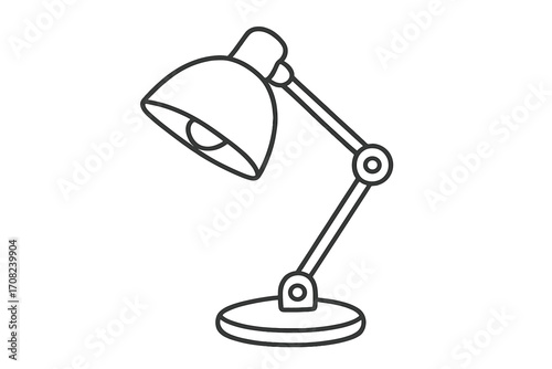 Vector line illustration of adjustable desk lamp with lampshade, architectural lighting design, minimalist office light concept, vector cartoon transparent background, workspace lighting element