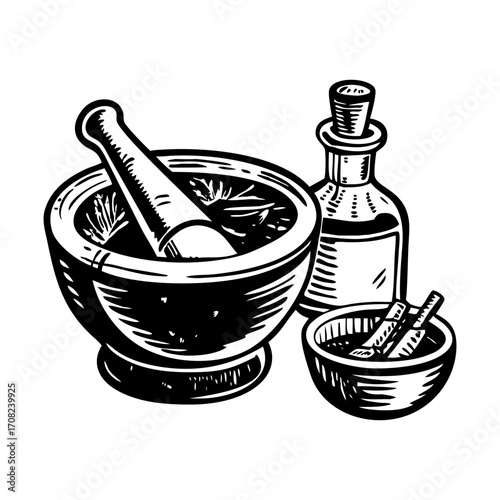A glyph style illustration depicting mortar pestle