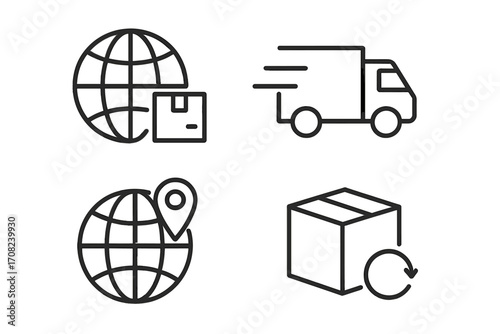 Logistics and global delivery icon set. Worldwide shipping and transportation outline icons. Fast delivery truck, package tracking, international parcel, and return service.