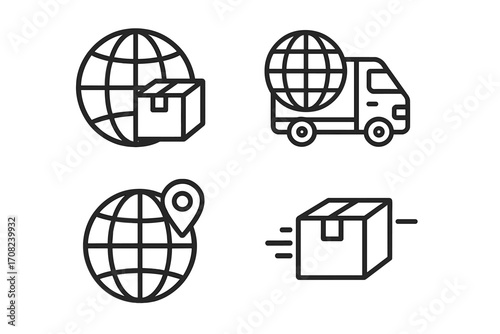 Global delivery and international shipping icon set. Logistics, e-commerce, and worldwide freight transport concept. Vector line art of globe, truck, package, and location pin.