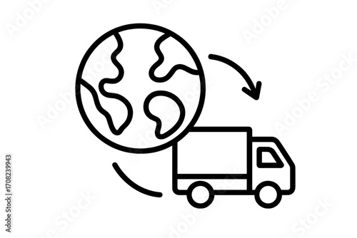 Global delivery service icon for international shipping and worldwide logistics. E-commerce freight transport concept. Cargo truck moving around the globe vector illustration.