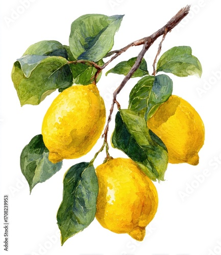 Watercolor illustration of three lemons on a branch with leaves