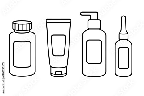 Line art set of cosmetic bottles and containers for skincare and beauty products, vector cartoon illustration with transparent background, editable line drawing collection for graphics and apps