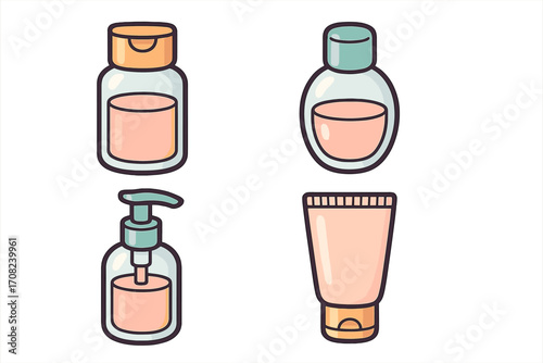 Set of line art cosmetic bottles and containers for skincare, beauty products, lotion, serum, cream packaging, transparent background, vector cartoon illustrations for apps and graphics