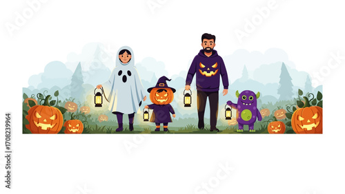 Enchanting Halloween Family: A spirited family of four, each in a unique costume, embarking on a night of trick-or-treating, their faces alight with anticipation and glee.