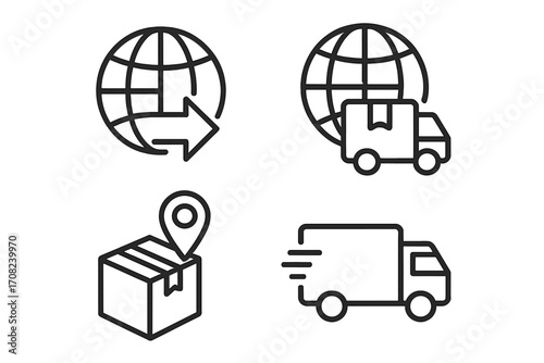 Global delivery and shipping icon set. Logistics and transportation symbols for freight and cargo. Worldwide distribution, package tracking, and fast truck delivery line icons.