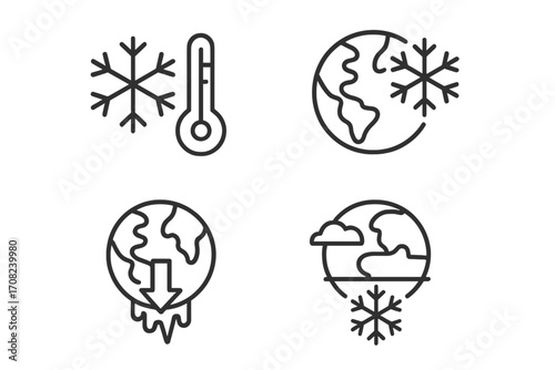 Global cooling icon set. Climate change symbol with planet earth and snowflake. Ice age, winter weather, and freezing temperature pictogram for graphic design. Vector illustration.