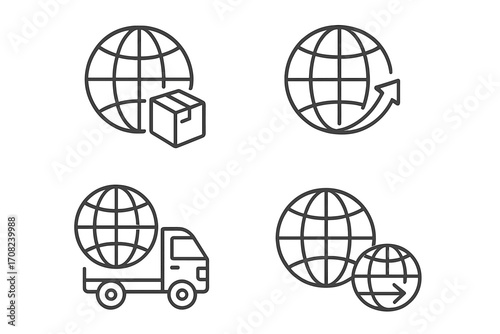 Global delivery icon set. Worldwide shipping and logistics symbols. International freight and transport signs. Vector outline illustration for web, mobile apps, and cargo business.