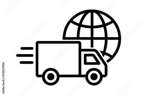 Global delivery icon with fast truck and globe symbol. Worldwide shipping, international transport, and logistics concept for e-commerce. Fast freight cargo service vector.