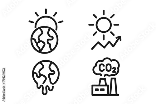 Global warming and climate change icon set. Melting earth, CO2 emission, factory pollution, temperature rise graph. Environmental disaster and ecology concept. Line art pictograms.