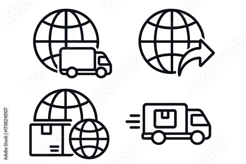 Global delivery and international shipping icon set. Vector outline symbols for logistics, freight, and cargo transport. Includes truck, globe, package, and export sign for web and apps.