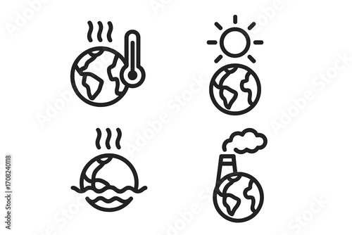 Global warming icon set. Climate change pictograms. Planet Earth pollution, high temperature, greenhouse effect, sea level rise. Ecology and environment vector symbols.