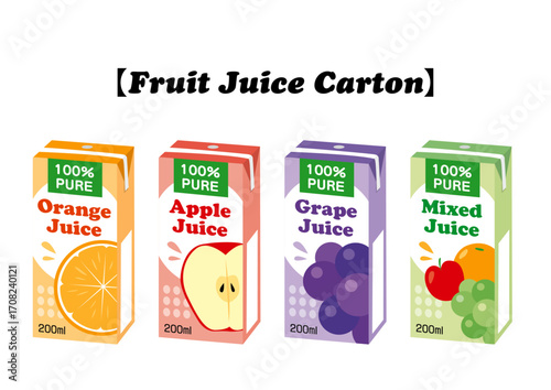 Four juice cartons featuring orange, apple, grape, and mixed fruit flavors, each labeled "100% Pure".