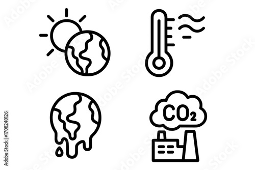 Global warming and climate change icon set. Planet earth melting, high temperature thermometer, sun heat and factory CO2 emissions. Pollution and environment concept vector.