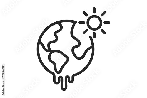 Global warming icon with melting earth. Climate change concept vector. Planet melts from hot sun. Environmental disaster, world problem. Ecology outline illustration design.