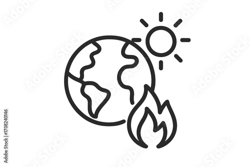 Global warming icon concept. Earth on fire. Climate change symbol, planet heating from the sun. Environmental disaster, catastrophe. Ecology problem, world pollution vector outline.