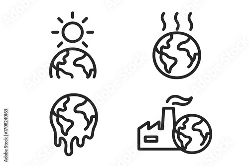 Global warming and climate change icon set. Planet earth melting, industrial factory pollution, CO2 emissions, and greenhouse effect. Minimal pictogram vector for web design.