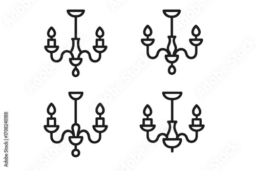 Thin outline vector icons of elegant luxe chandeliers with candles, classic vintage lighting fixtures set for web design, apps, banners, social networks, cards, transparent background